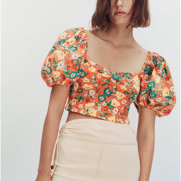 Zara Floral Puff Balloon Sleeve Smocked Crop Top Large Blogger - Picture 3 of 5
